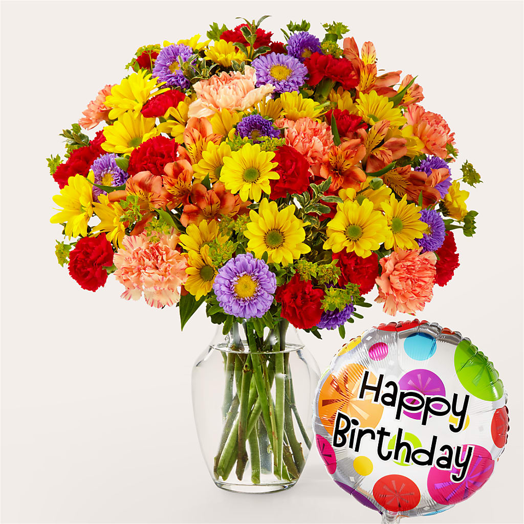 Kaleidoscope Bouquet with Birthday Balloon – Park Merced Florist, Corona CA