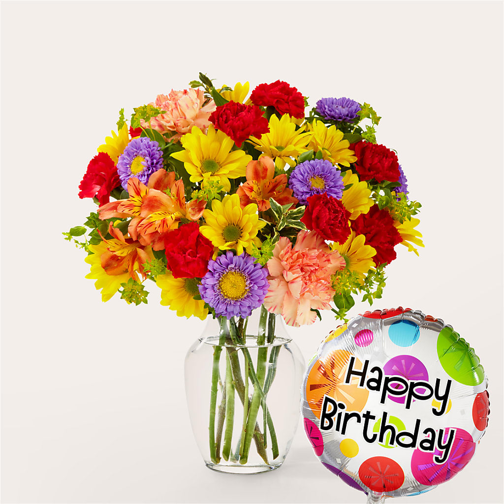 Kaleidoscope Bouquet with Birthday Balloon – Park Merced Florist, Corona CA