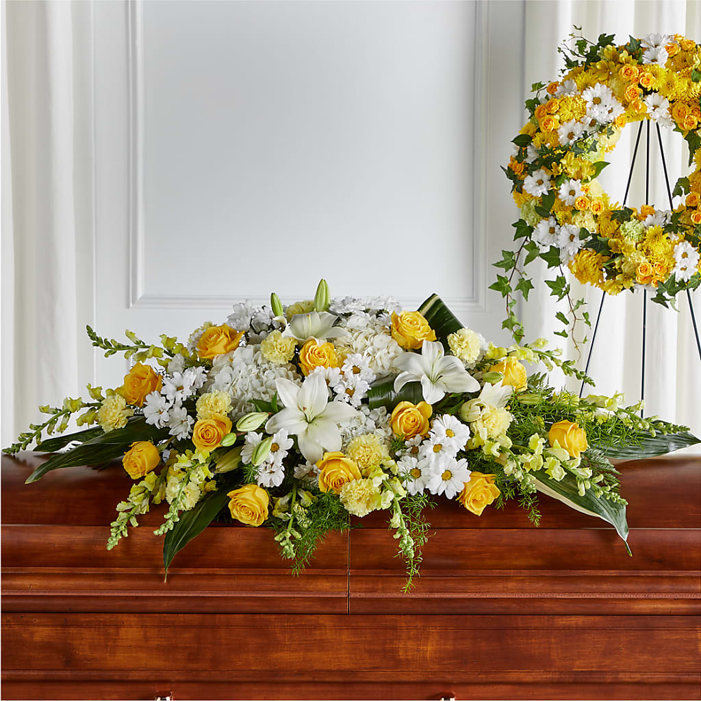 Golden Harmony Casket Spray – Park Merced Florist, Corona CA