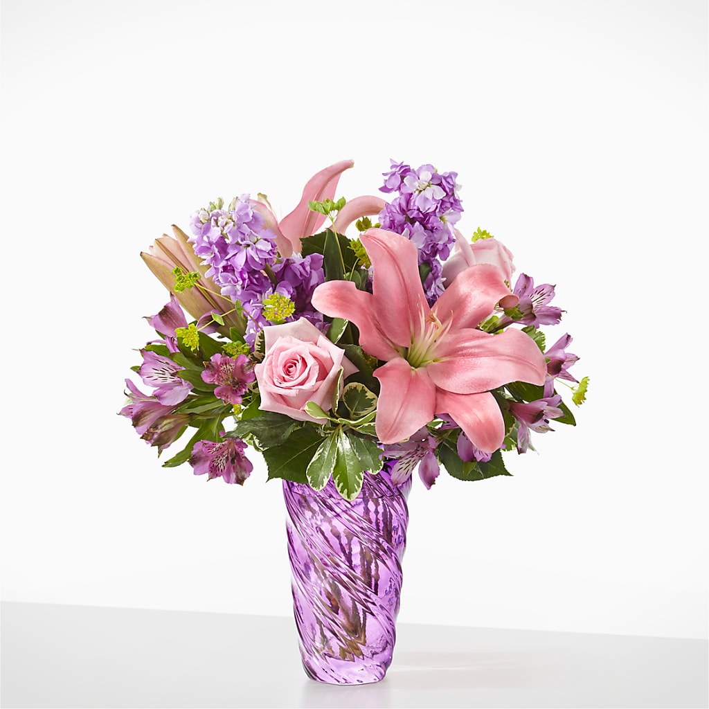 Precious Petals Bouquet with Luxe Swirl Vase – Park Merced Florist, Corona CA