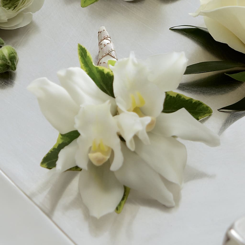 White Mini Cymbidium Boutonniere – Park Merced Florist, Corona CA